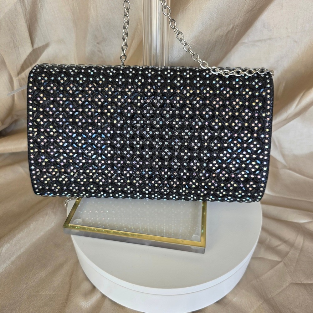 Black Iridescent Rhinestone Evening Clutch Bag with Silver Chain Strap Formal - Picture 5 of 10